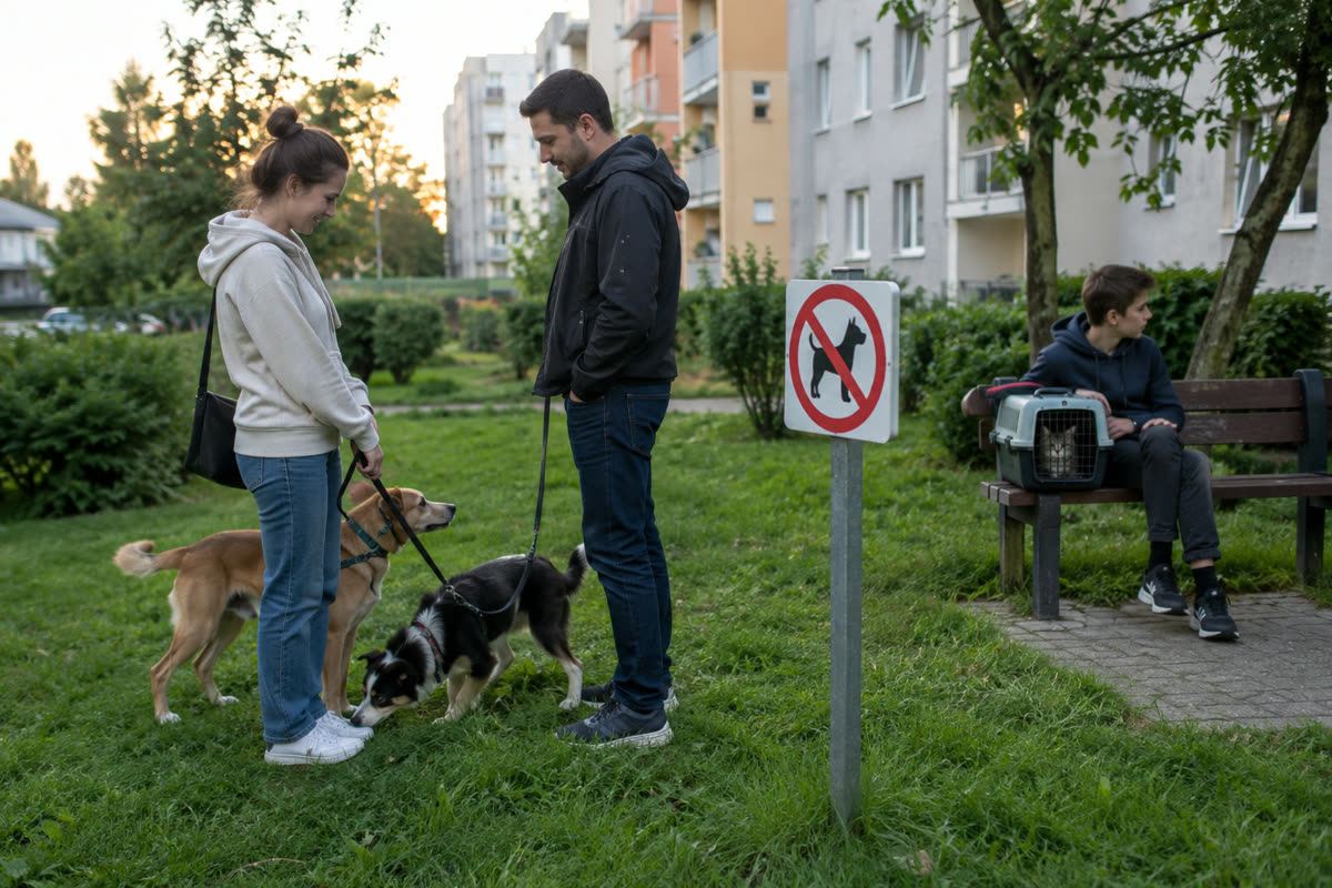Kobieta spaceruje z psem, rozmawia z mężczyzną z drugim psem, a nastolatek siedzi na ławce z kotem w transporterze.