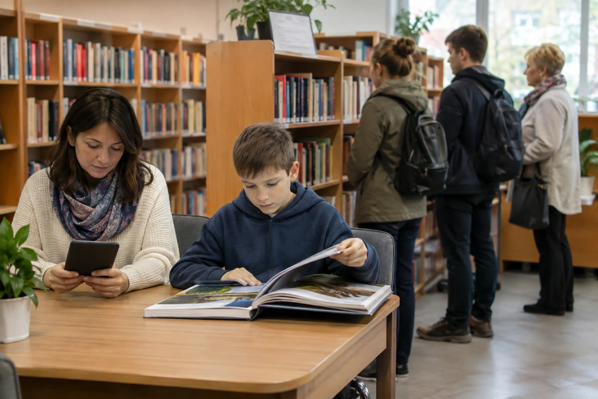 Kobieta czyta na czytniku, a chłopiec ogląda album w bibliotece.